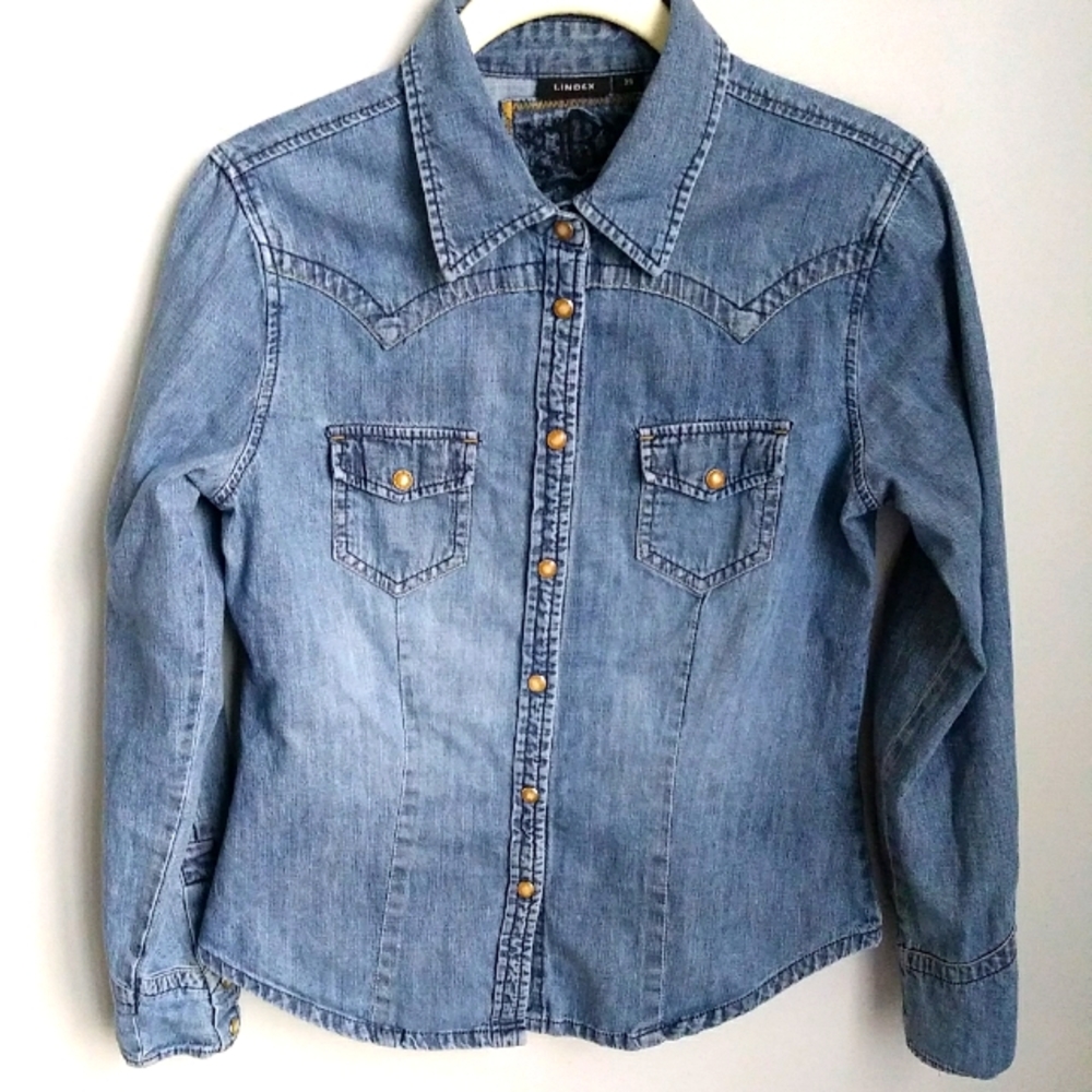 LINDEX BLUE DENIM SNAP FRONT LONG SLEEVE TOP SIZE 38 SMALL